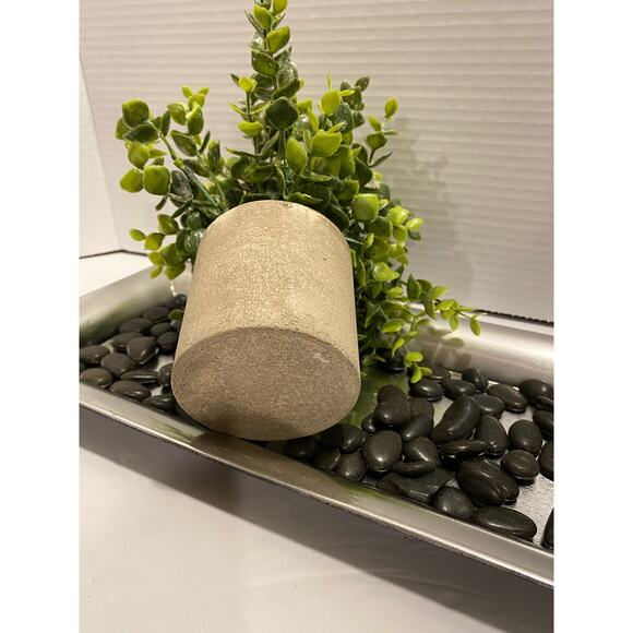 Artificial Plant with Stone Style Planter on Silver Tray with Black River Rocks - Picture 3 of 10